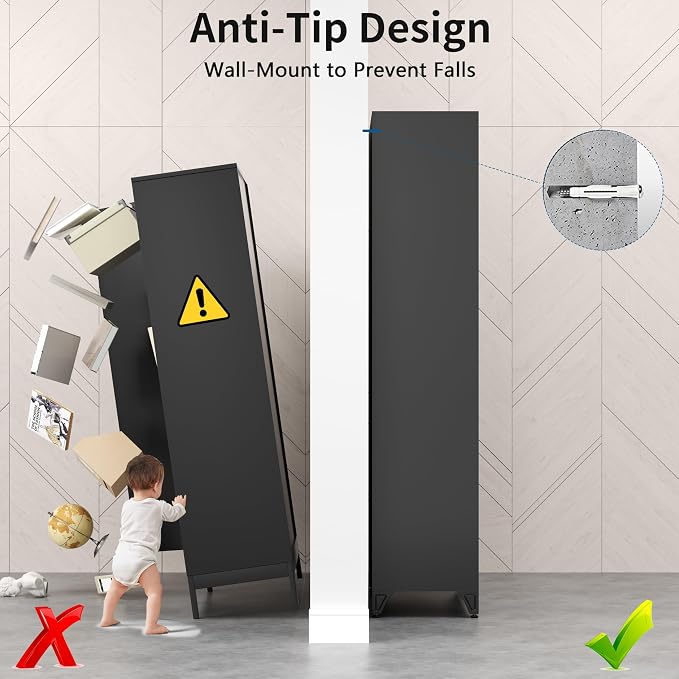 75" Tall Black Metal Storage Cabinet with Doors, Heavy Duty | Freestanding Louvered Door Kitchen Pantry Cabinet, 5 Shelves (180 Lbs Load), Tall Steel Cabinets for Home and Office