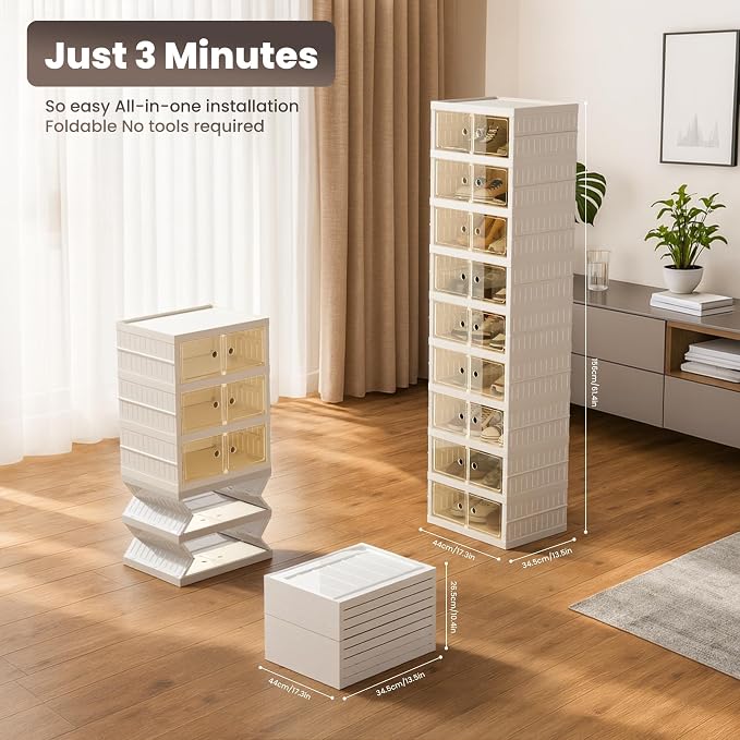 Foldable Shoe Organizer Storage Box Set of 6, Portable Extra Large Folding Shoe Rack for Closet, Shoe Storage Box with Magnetic Transparent Door and Wheels, 9 Layers 18 Grids