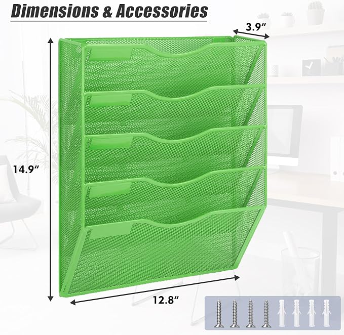 EASEPRES 5 Pocket Mesh Hanging Wall File Organizer, Wall Mounted Mail Paper Document Folder Holder, Clipboard Storage Organization Magazine Rack with Nametag Label for Office Home School, Green