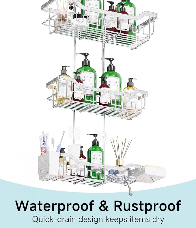Shower Caddy Hanging Over the Door, Upgraded Extended Length Shower Organizer, 3 Tier Rustproof Bathroom Rack with Hooks Soap Holder, Silver