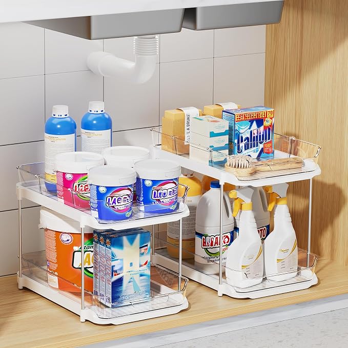 Delamu 3 Pack 2-Tier Bathroom Under Sink Organizers and Storage, Multi-Purpose Stackable Pantry Organization and Storage, Pull Out Clear Kitchen Bathroom Cabinet Organizer with Movable Dividers, White