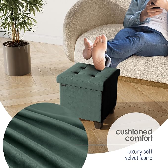 Storage Ottoman Cube with Small Bin, 15-in Square Ottoman with Storage for Living Room and Bedroom, Small Ottomans Foot Rest, Velvet Foot Stools Ottomans Max 330lbs, Green