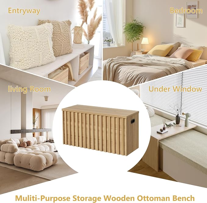 Storage Bench Set of 2, 39.4" Wood Box, Storage Trunk with 2 Safety Hinges, Ottoman Storage Chest Set of 2, Fluted Storage Bench for Bedroom, Shoe Bench for Bedroom, Living Room (Natural Wood)
