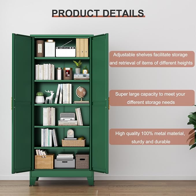 PAOFIN Kitchen Pantry Storage Cabinet with Doors and Adjustable Shelves, Metal ClosetMaid Food Pantry Cabinets, 75" Tall Freestanding Cupboard for Kitchen, Laundry or Utility Room, Green