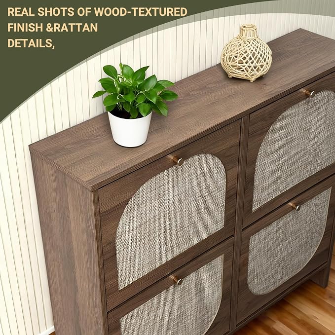 Nicetree Freestanding Ultra Slim Arched Accent Entryway Shoe Storage - 4 Flip Drawers & 3-Tier Adjustable Shelves, Modern Slim Shoe Cabinet for Hallway, Foyer (flip Down Shoe Cabinet | Amber Oak)