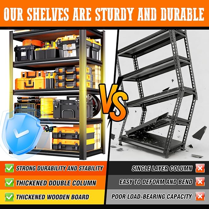 Set of 5 Heavy Duty Garage Shelving, 71.2"Hx45.6"Wx17.7"D, Adjustable Storage Shelves Unit for Garage Storage, Metal Shelving & Shelves Organizer for Home, Warehouse, Workshop & Commercial Use