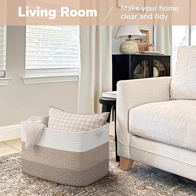 Goodpick 50L Large Woven Blanket Basket, 18" x 14" x 12", Gradient Brown | Decorative Storage Basket for Blankets, Pillows & Toys Storage, Living Room & Bedroom Organization, Stylish Home Decor