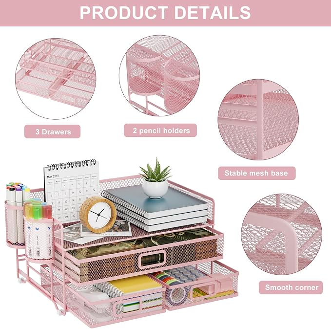 Marbrasse 3 Tier Mesh Desk Organizer with Drawer, Multi-Functional Desk Organizers and Accessories, Paper Letter Organizer with 2 Pen Holder for Home Office Supplies (Pink) | Paper Tray Organizer, File Holder for Desk, Metal Mesh Office Organization fo...