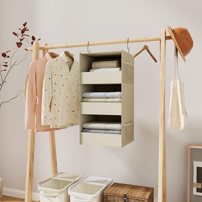 3-Shelf Hanging Closet Organizer, Washable Foldable Storage Shelves, Beige | Front lip keeps items secure; side pockets add room; Oxford fabric handles towels, shirts, baby items, dorms, RVs or travel.
