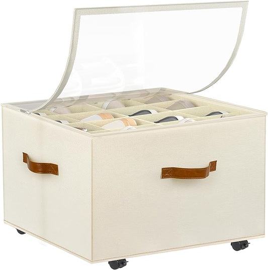 Foyego Shoe Organizer for Closet, Shoe Storage with Wheels, Beige | Fits 16 Pairs, with Adjustable Dividers and Clear Cover, Saving Space Foldable Fabric Closet Shoe Storage Organizer Box Bins