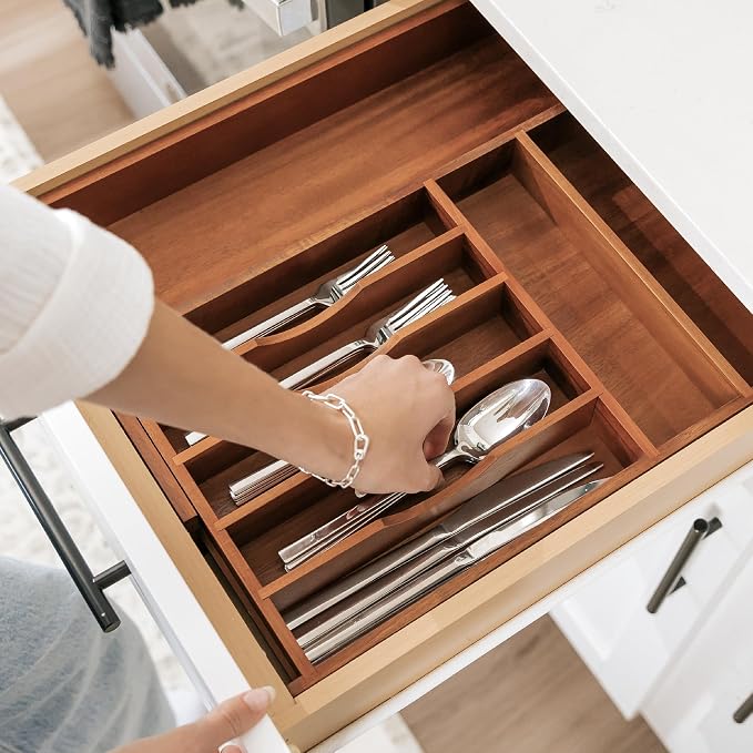 KitchenEdge Silverware & Utensil Drawer Organizer, 10.5-19 in, Acacia | Cutlery, flatware, food-safe contract grade, kitchen drawer fit