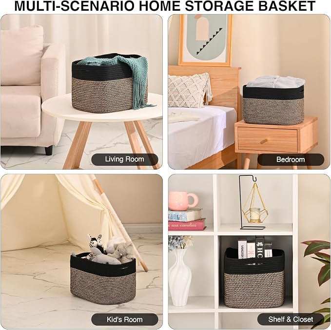 ICERZCZ Woven Cotton Rope Storage Basket for Organizing, Cute Decorative Baskets for Gifts Empty, Organizer Bins for Dog Toy, Baby Laundry, 15“×11”×9.5“, Jute & Black