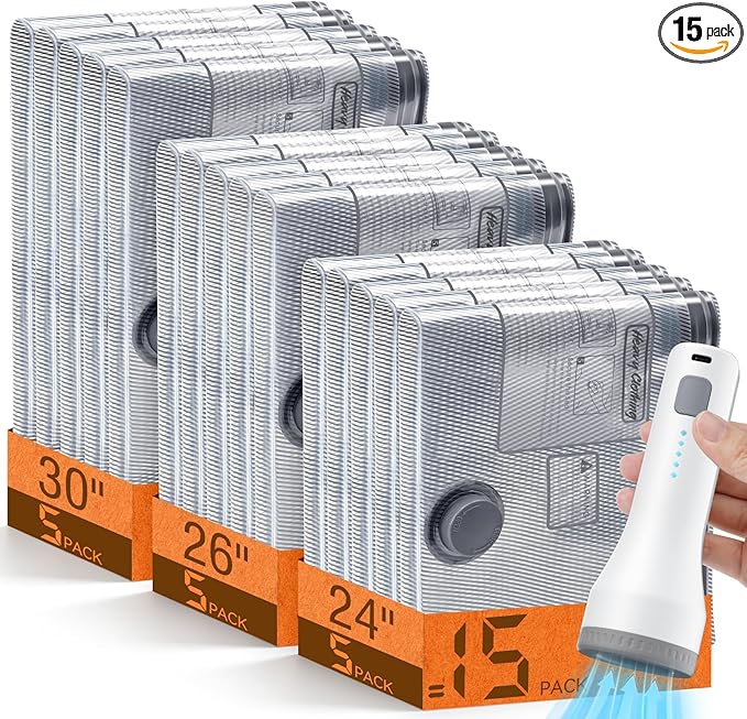 15 Pack Vacuum Storage Bags for Travel with Cordless Pump, Space Saver Bags for Clothes, Compression Packing Bags for Luggage, 15 Combo Size