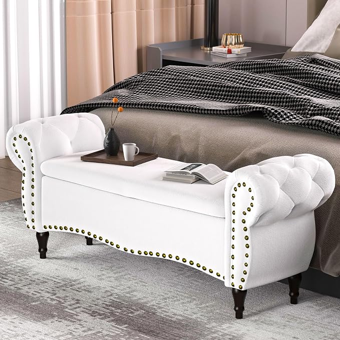 Storage Ottoman Bench, 51" Upholstered Bench & Ottoman with Safety Hinge, Tufted Bed Bench with Rolled Arm and Nailhead Trim, End of Bed Storage Bench for Bedroom, Living Room, Entryway White