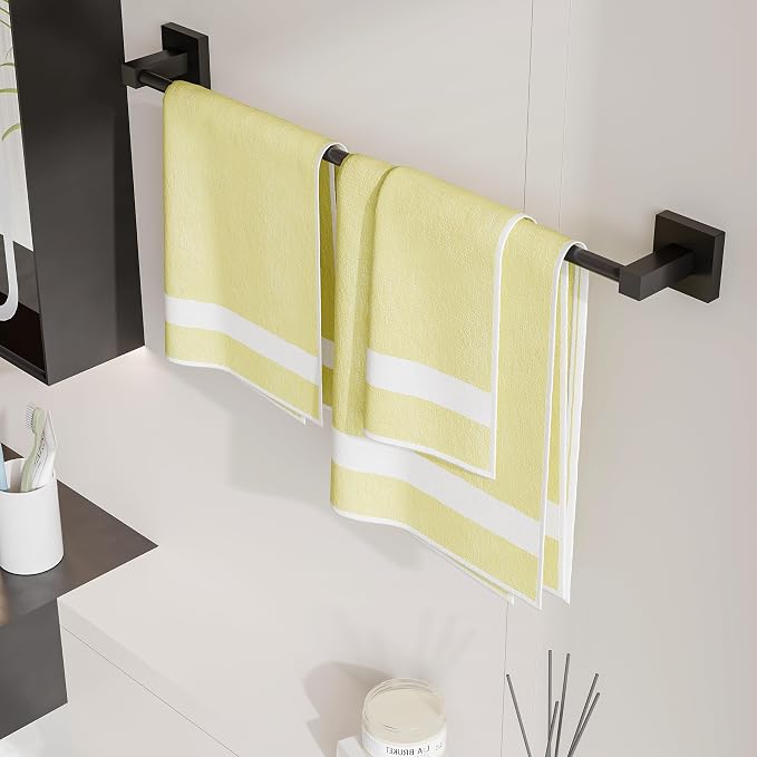 RUACQ Towel Bar 22" Towel Racks for Bathroom Wall Mounted, Matte Black | Total Length 24 Inch Single Towel Rod, Bath Towel Holder, 304 Stainless Steel, Rustproof, Square Base, Heavy Duty, Modern