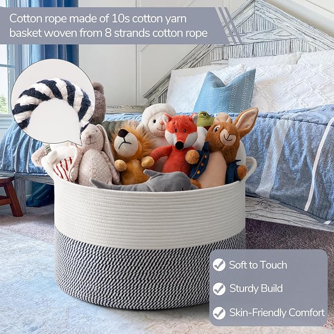 INDRESSME XXXLarge Woven Rope Blanket Basket Living Room Navy, 90L | 21.7" x 13.8" Storage baskets for toys laundry & pillows. Fits living room, bedroom or nursery décor. Soft-touch with handles