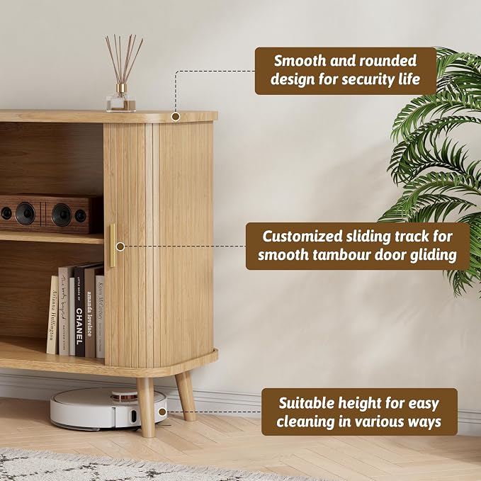 BORNOON Buffet Cabinet with Storage, Curved-Edge Fluted Storage Cabinet Sideboard, Modern Black Sideboard Buffet with Adjustable Shelves & Sliding Door for Dining Room, Kitchen, Entryway (Oak)