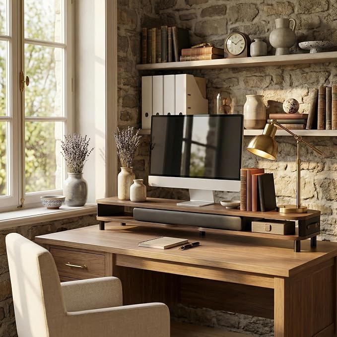Fenge Dual Monitor Stand with Large Storage Drawer, 42.5" Dsek Shelf, Brown | Slide-Out Drawer with Soft Touch Leather, Ergonomic Monitor Riser, Aluminum leg, 2-Tier Desk Organizer for Laptop, TV, PC