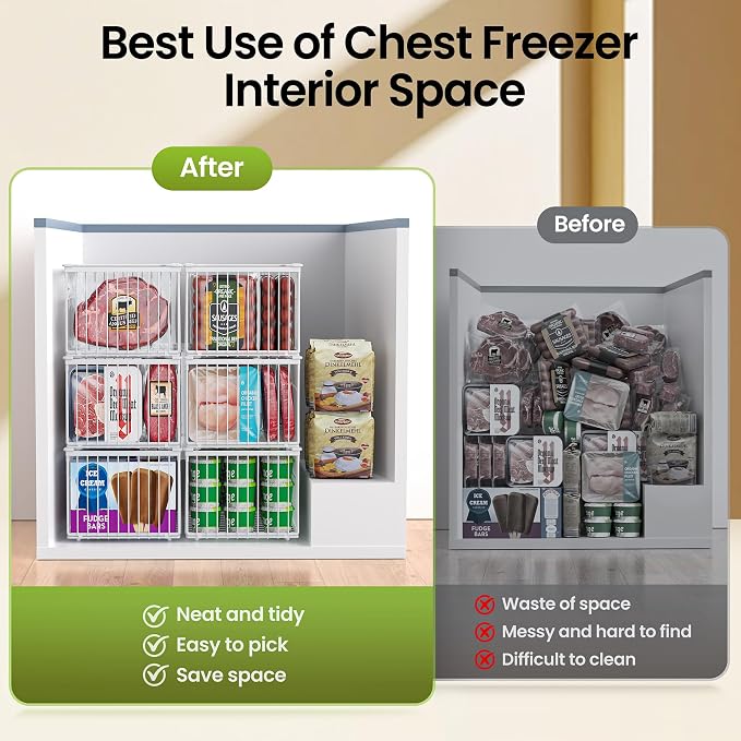 Freezer Organizer Bins, 6 Pack Enlarged Baskets for 5-9 Cu.FT Deep Freezer | Stackable Chest Freezer Organizer Bins, Foldable with Handles, White Storage Container Baskets for Sort Frozen Meats