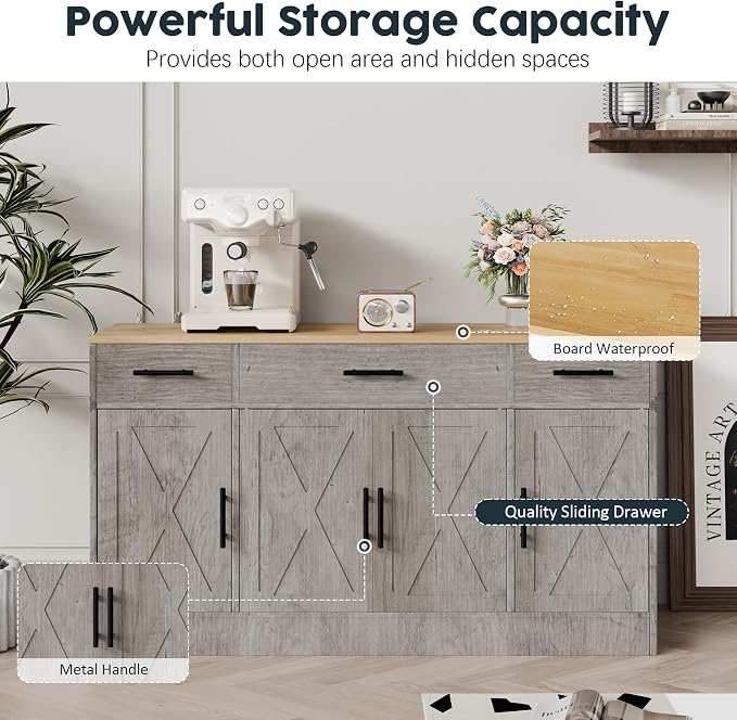 Kitchen Storage Cabinets, Farmhouse Buffet Cabinet with 4 Doors and 3 Drawers, Sideboard Small Storage Cabinet with Adjustable Shelf, for Kitchen, Dining Room & Living Room, Grey