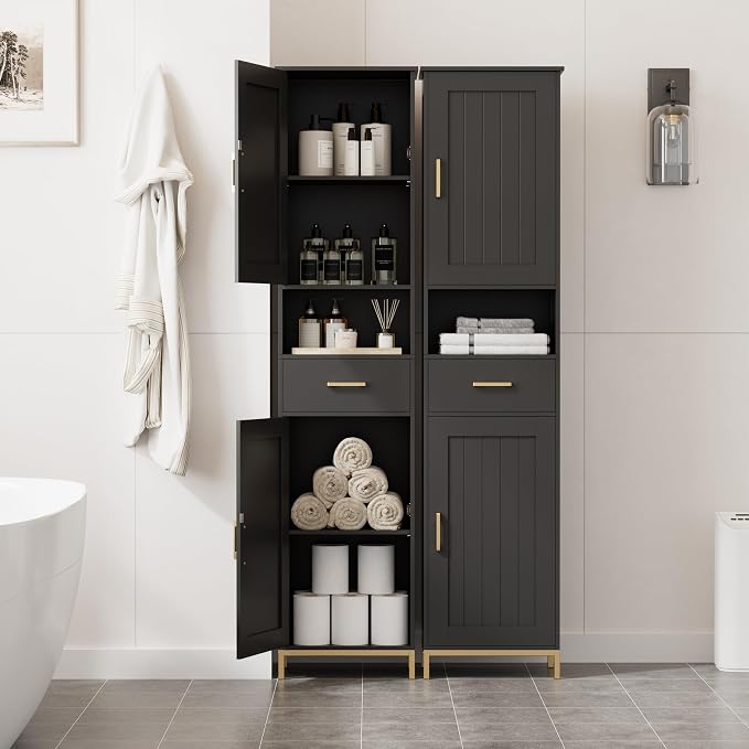 Homhedy 67" H Bathroom Storage Cabinet, Tall Bathroom Cabinet, Black | Narrow Cabinet with Doors and Drawer, Adjustable Shelves, Floor Cabinet for Bathroom, Living Room, Kitchen, Dining Room