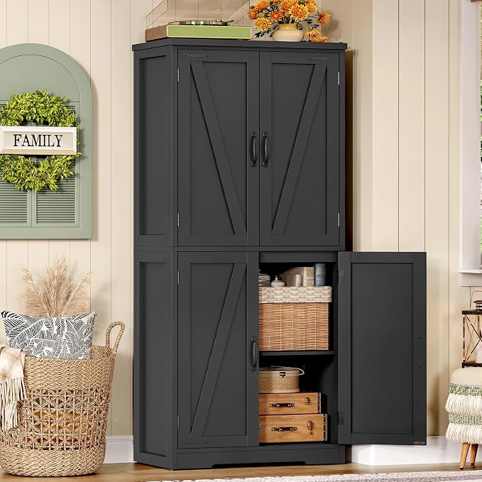 58" H Storage Cabinet with Adjustable Shelf, Kitchen Cabinet with 4 Doors, Farmhouse Pantry Cabinets, Cupboard for Kitchen, Bathroom, Living Room, Black