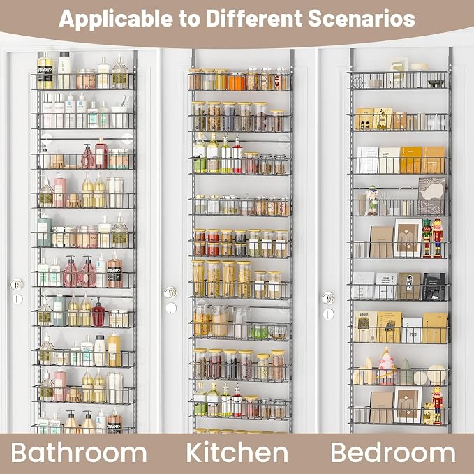 ElegantArray 9-Tier Pantry Door Organizer, Light Gray | Over The Door Pantry Organizer Rack and Storage, Hanging Spice Rack Shelves Door, Home Office Laundry Room Bathroom & Kitchen