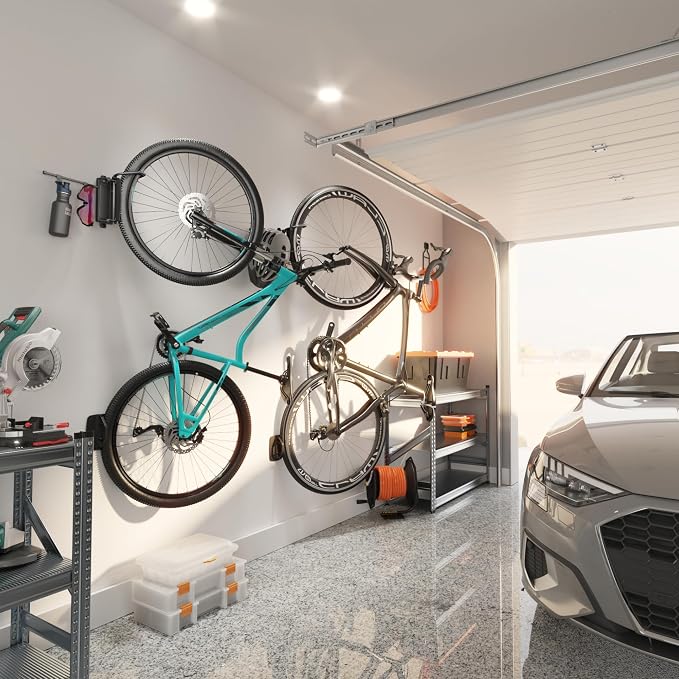 monTEK Swivel Bike Wall Mount with 2 Storage Hooks, Bike Hanger for Garage | Heavy-duty vertical bike storage rack holds 77 lb and swivels to save space; stores bike gear; fits tires up to 3.54 in wide