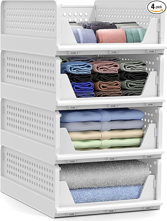 Sorbus 4 Pack Folding Closet Shelf Organizer for Clothes, Versatile Stackable Storage Baskets for Closet, Bathroom, Kitchen and Garage with Easy Access Open Front Design, Plastic Organizer Shelves