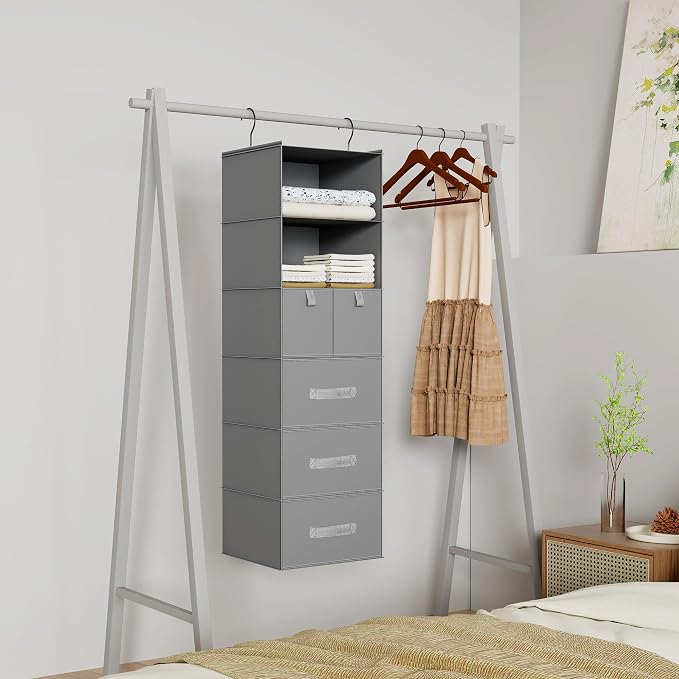 6-Shelf Hanging Closet Organizer with 5 Drawers, Non-Woven Storage, Gray | Spacious compartments sort clothes & undergarments; foldable drawers add hidden storage for closets, wardrobes or RVs.