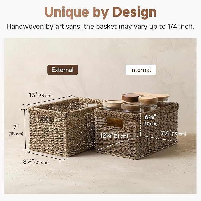 StorageWorks Wicker Storage Basket for Organizing, Medium Seagrass Storage Baskets with Built-in Handles for Pantry, Shelves,2-Pack