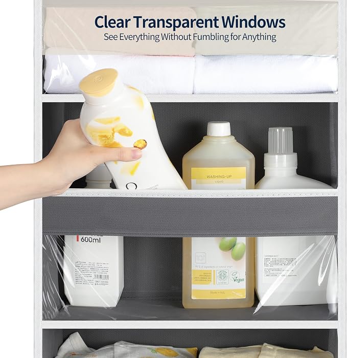Yecaye 5 Tier Clear Over the Door Organizer Hanging, 5 Large Plastic Pockets and 10 Side Pockets Back of Door Organizer, 56lbs Weight Capacity Behind the Door Storage for Nursery, Deep Gray