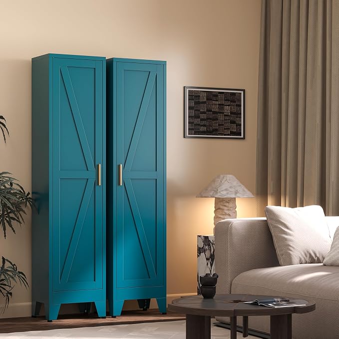 67“H Blue Narrow Kitchen Cabinet, Metal Skinny Pantry Storage Cabinet,Tall Narrow Bathroom Storage Cabinet with Adjustable Shelves,Slim and Thin Pantry Cabinets for Living Room Dining Room