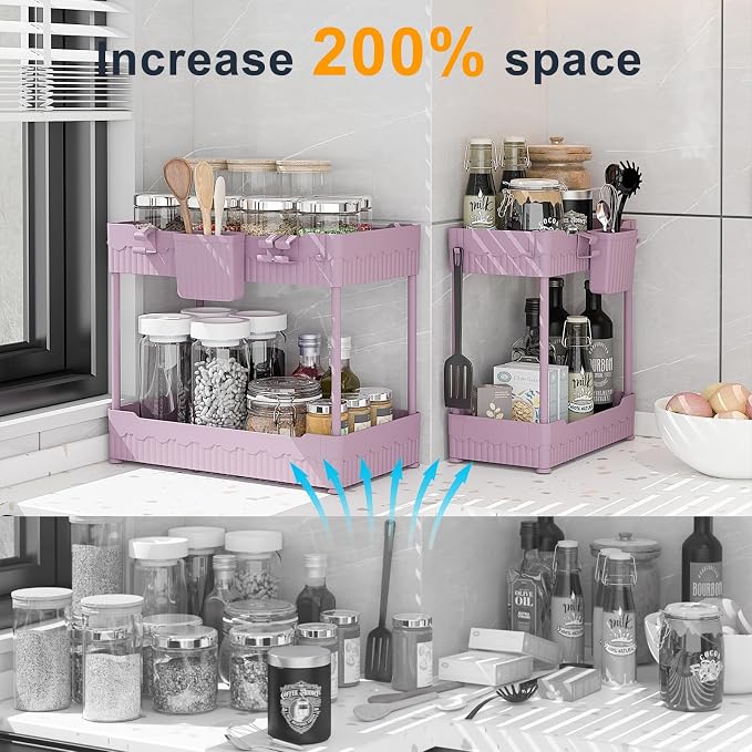 Sevenblue 2-Pack Under Sink Organizer with Hooks & Hanging Cup for Kitchen | Multi-use kitchen & bathroom storage, 12.8 inch pink cabinet organizer, with hooks and hanging cup for easy access.