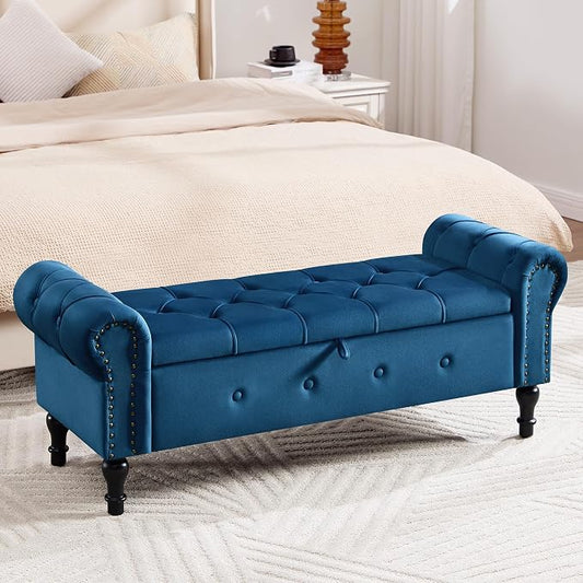 Storage Bench 51" Velvet End of Bed Benches Navy Blue | Queen Size Storage Bench for Bedroom with Rolled Arms Tufted Ottoman Benches Upholstered Bench for Living Room Entryway