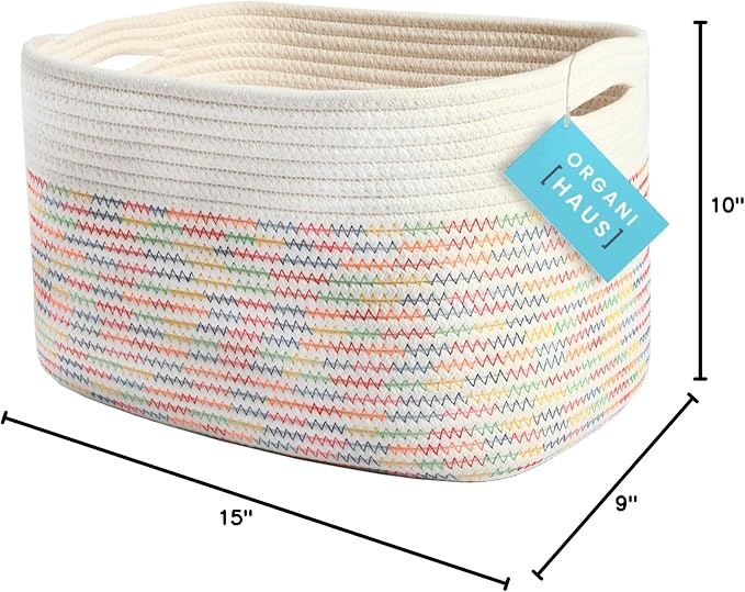 OrganiHaus Rainbow Basket for Shelf Storage, 15x9x10 | Colorful, handwoven cotton rope; a toy bin for playroom, classroom, or girls' room decor; great for nursery too