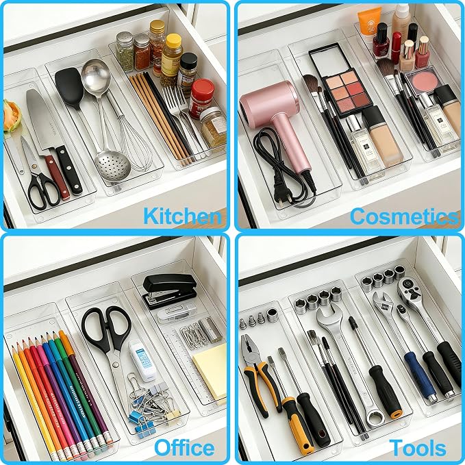 Manalete 8 Pcs Large Clear Plastic Drawer Organizer,15"x6" Vanity Organizer | Durable Clear PET Storage Bins Tray for Desk, Makeup, Kitchen & Bathroom, Office, Tools, Easy Clean, Stackable, BPA-Free