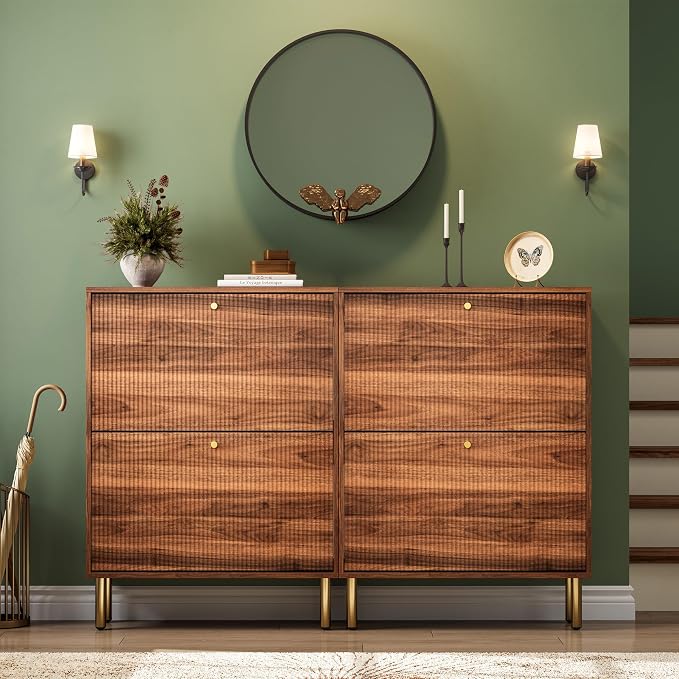 Nicetree Shoe Storage Cabinet for Entryway - 2 Flip Drawers Shoe Cabinet with Tiered Fluted Design - Slim Shoe Storage Rack with Gold Legs - Narrow Shoe Cabinet Hidden Shoe Organizer for Small Spaces