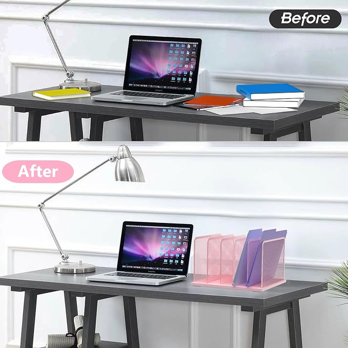 Kuntine.B 5-Section Upright Desk File Organizer Pink 1 Pack | Vertical, Mesh, Metal, Assembly, Stability, Sturdiness, Organization, Standing