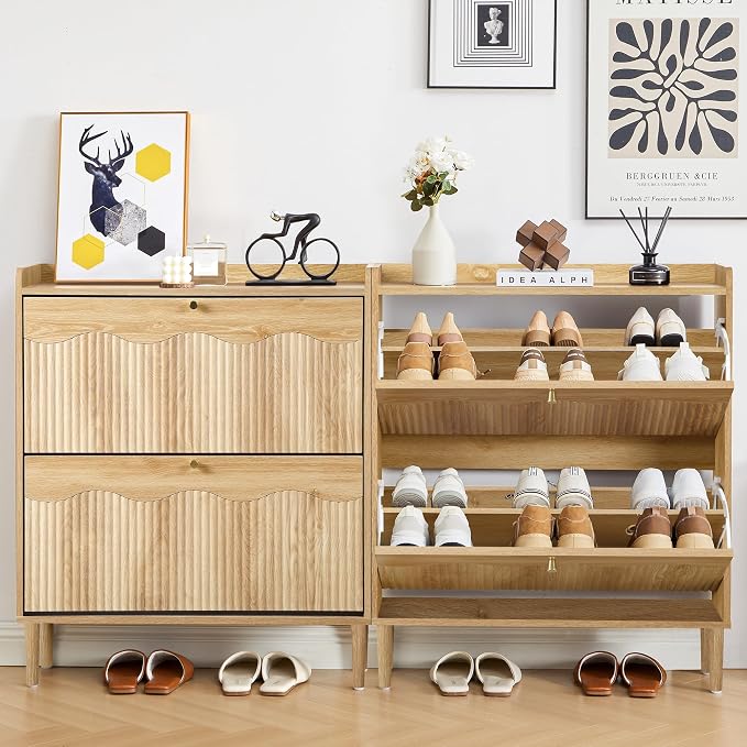 BERRYMERRY Oak 31.5" Fluted Shoe Storage Cabinet with 2 Flip Drawer | narrow,entryway,adjustable feet,32 pairs shoe,shoe organize,hidden shoe rack,fluted panel,wave pattern,wood,space saving