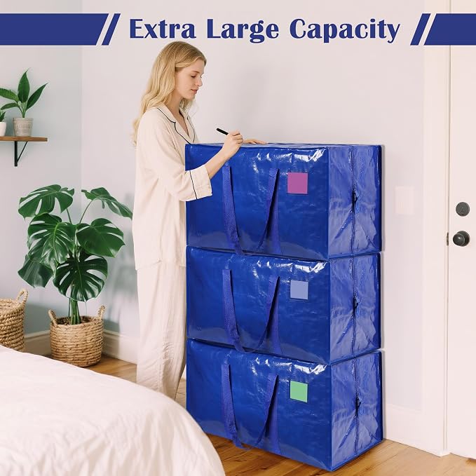 12 Pack Moving Bags with Full-Open Side Zipper, Extra Large 93L Heavy Duty Waterproof Foldable Storage Totes for College Dorm, Moving & Home Organization Blue