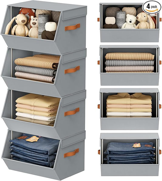 Stackable Closet Organizers and Storage Bins, Open Front Closet Shelf Organizer System With Steel Frame, Clothes Storage Basket Fabric, Collapsible Closet Drawers for Wardrobe, Nursery ,Toy, 4 Pack