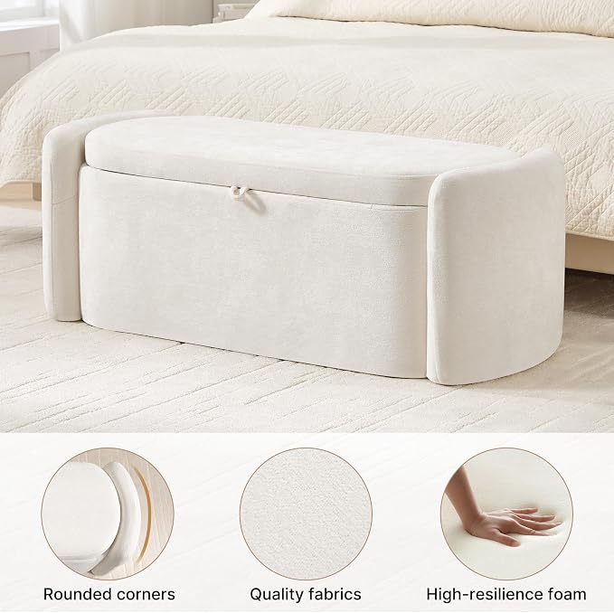 Oval Ottoman Bench with 20 Gal Storage Space Upholstered Chenille Seating End of Bed Storage Bench Storage Ottoman with Storage for Bedroom, Living Room, Entryway, Window (Beige)
