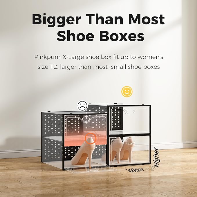 12 Pack X-Large Shoe Storage Boxes, Shoe Organizer Clear Stackable | Fit US Size 11, 6.2” Height, Shoe Dispaly Case Holder Bins Sneaker Storage for Sneakerheads, For Home and Family, Black