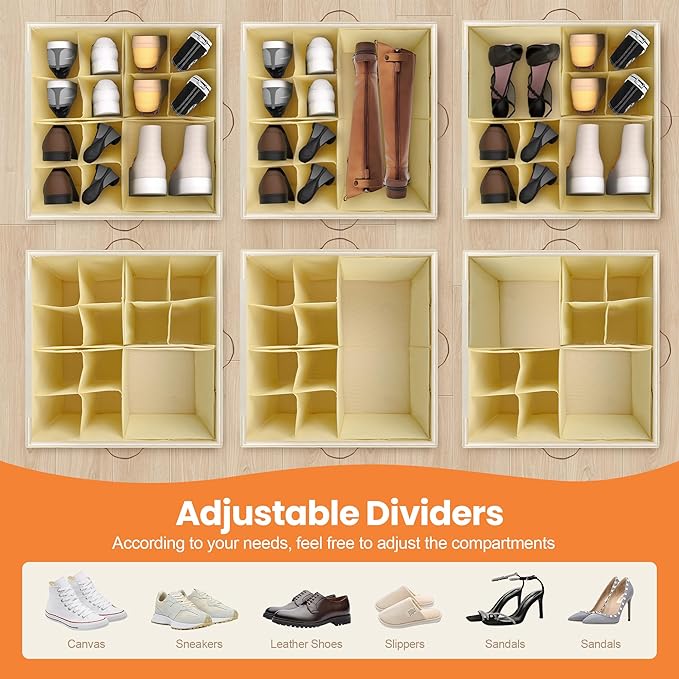 Foyego 2 Pack Shoe Organizer for Closet, Shoe Storage with Wheels, Beige | Fits 32 Pairs, with Adjustable Dividers and Clear Cover, Saving Space Foldable Fabric Closet Shoe Storage Organizer Box Bins