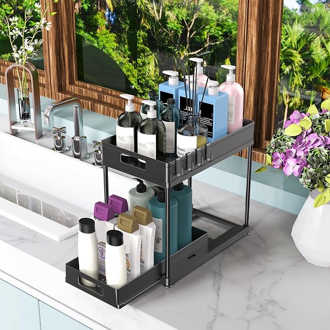 2 Pack Under Sink Organizer with Double Pull-Out Drawer, Black | 2-Tier Cabinet Storage, Kitchen & Bathroom, Tool-Free Assembly, Fits Cleaning Supplies & Toiletries, Space Saving