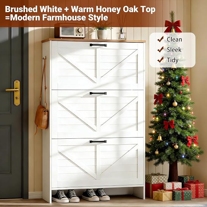 Shoe Cabinet for Entryway, 3 Flip Drawers Shoe Storage Cabinet with 3-Tier Adjustable Shelves, Ultra Slim 9.1" Depth Holds Up to 30 Pairs, Freestanding Hidden Shoe Organizer with Barn Door Design