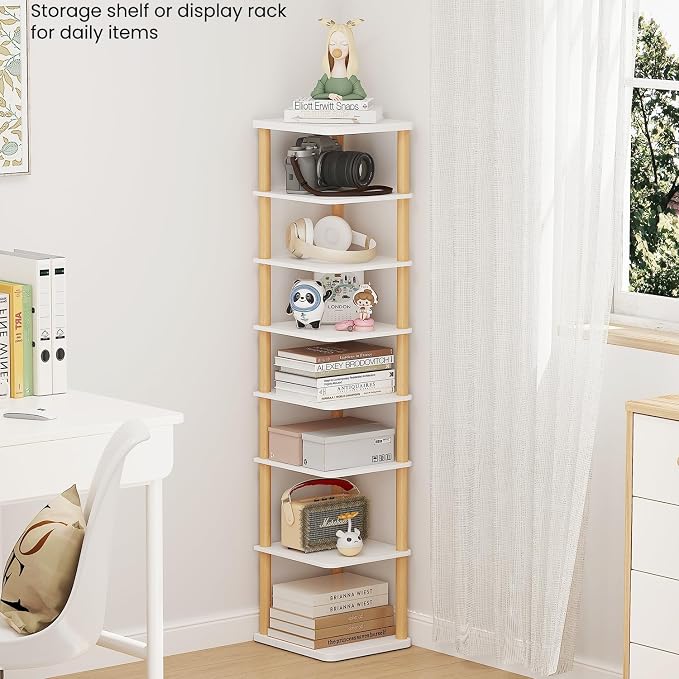 8 Tiers Vertical Shoe Rack, Tall Narrow Shoe Tower, Corner Shoe Rack, White | Small Shoe Organizer for Entryway, Closet, Dorm & Small Spaces, Freestanding Wooden Shoe Shelf for Boots, Sneakers, Heels.
