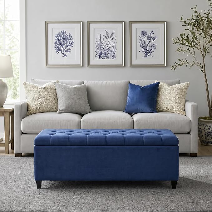 Madison Park 49" Upholstered Storage Bench, Button Tufted End of Bed Bench with Storage, Dual Spring Soft-Close Lid, Bedroom Bench for Queen King Bed, Entryway Living Room, Navy