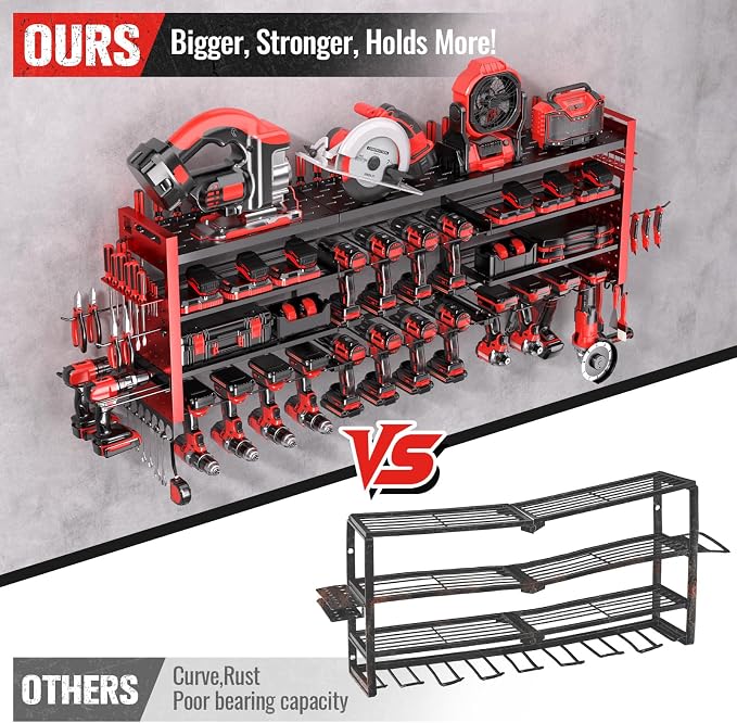 49.8" Power Tool Organizer Wall Mount,Holds 18 Cordless Drills | Large 4-Tier Tool Storage Rack, Heavy Duty 450 lb Load Capacity for Garage Workshop, Black, Gift for Men